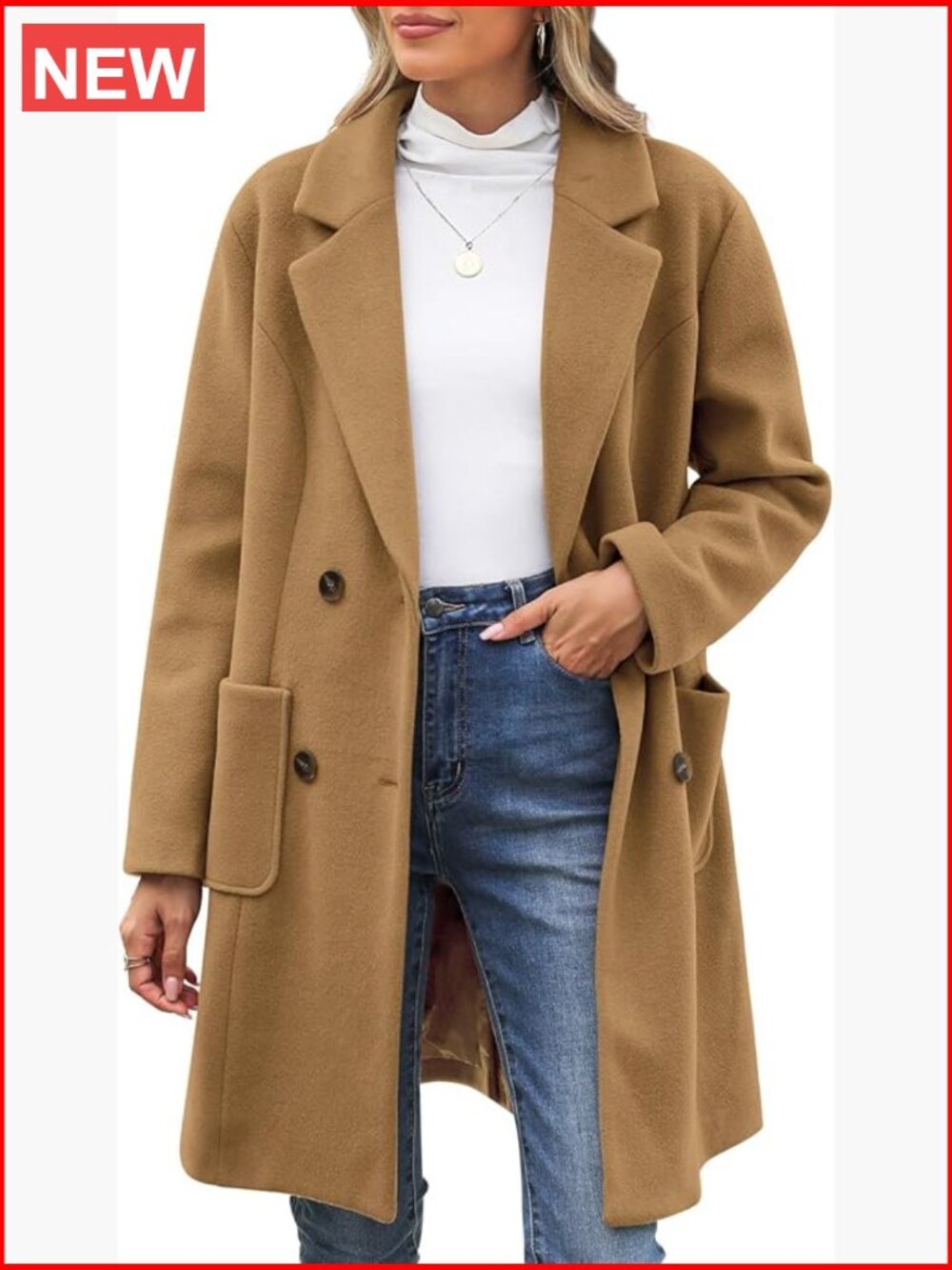 Women's Wool Blend Double Breasted Pea Coat Trench Notch Lapel Straight Pockets